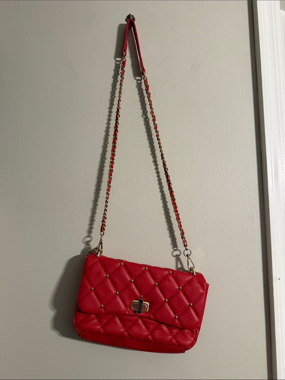 Badgley Mischa Red Quilted Studded Crossbody purse with 2 Gold Tone Chain strap